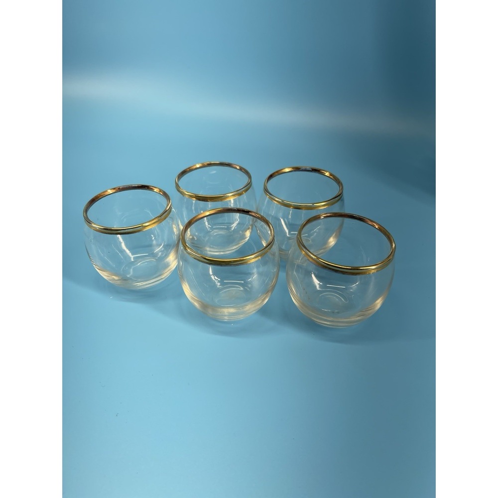 Vintage Gold Rim‎ Glasses Set of 5 Small Cordial Shot Glasses Barware